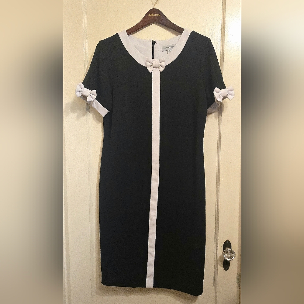 Black White Contrast Shift Dress Bow Detail Zip Back Darts Size 16 - Picture 2 of 6